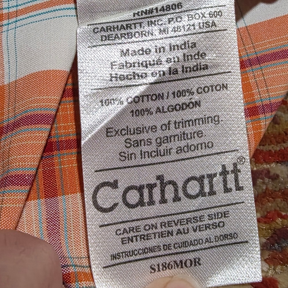 Carhartt MensPlaid Short Sleeve Button Up Shirt Orange White Cotton 2XL Workwear - Picture 9 of 10